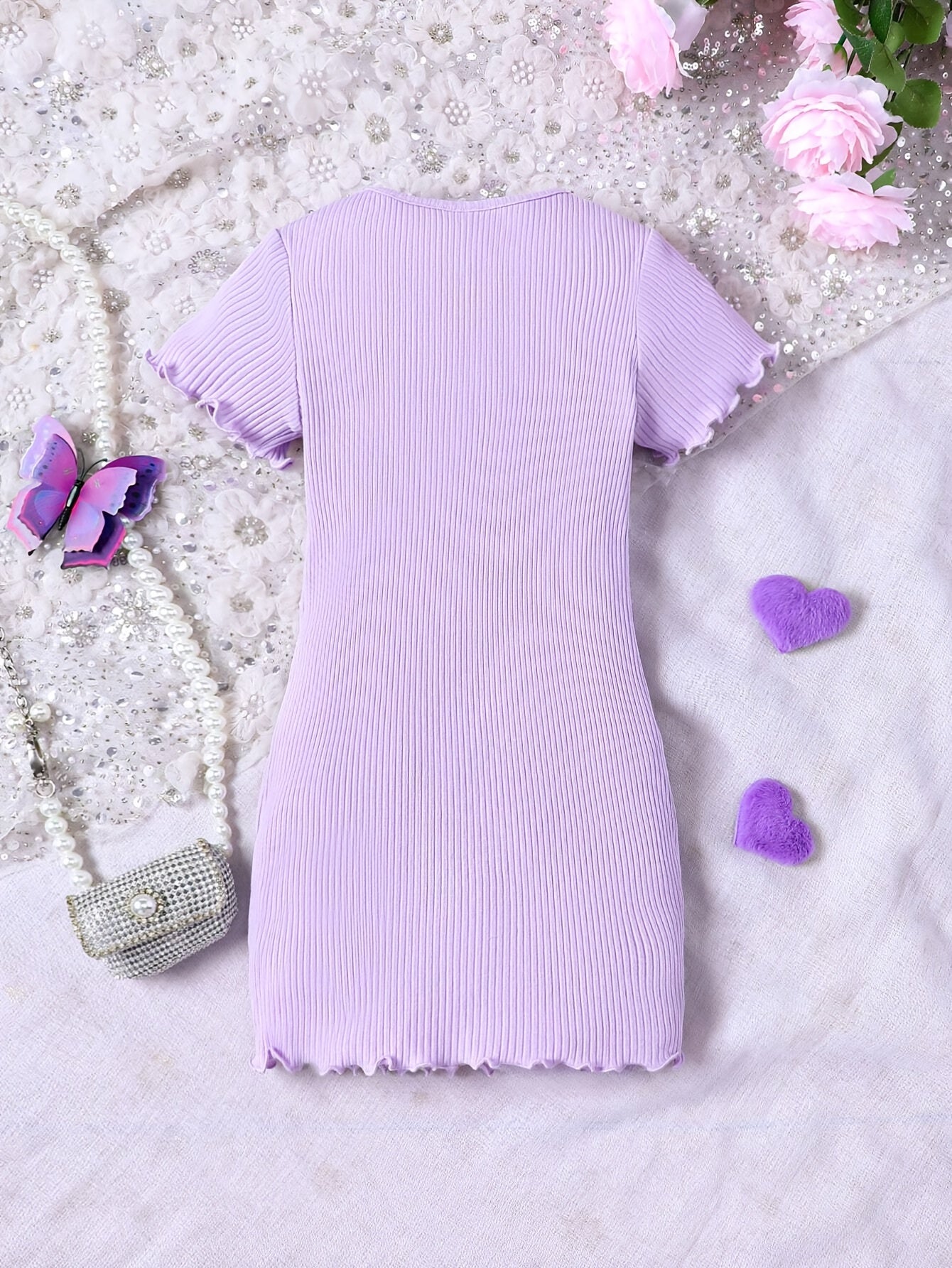 Butterfly Design Frill Trim Short Sleeve Bodycon Dress For Girls Summer Gift Holiday