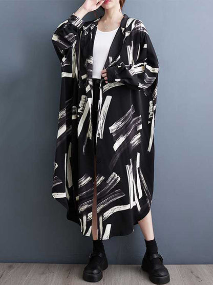 xakxx Long Sleeves Loose Buttoned Hooded Printed Midi Dresses Outerwear