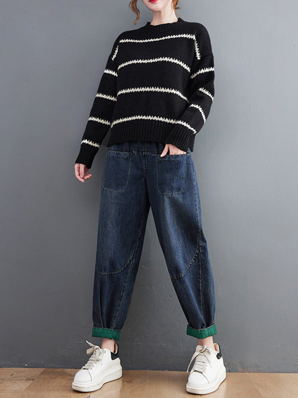 xakxx Casual Loose Long Sleeves Striped Round-Neck Sweater Tops