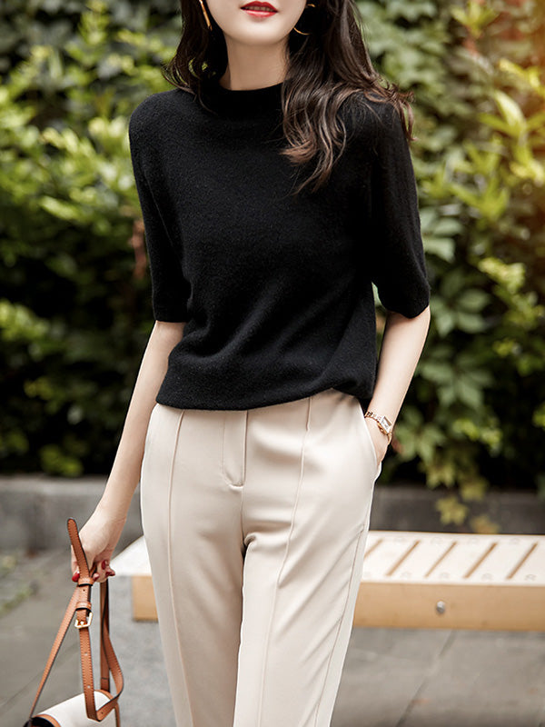 xakxx Simple Solid Color Round-Neck Short Sleeves Sweater
