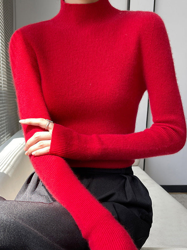 xakxx Casual Skinny Long Sleeves Solid Color Half Turtleneck Sweater Tops