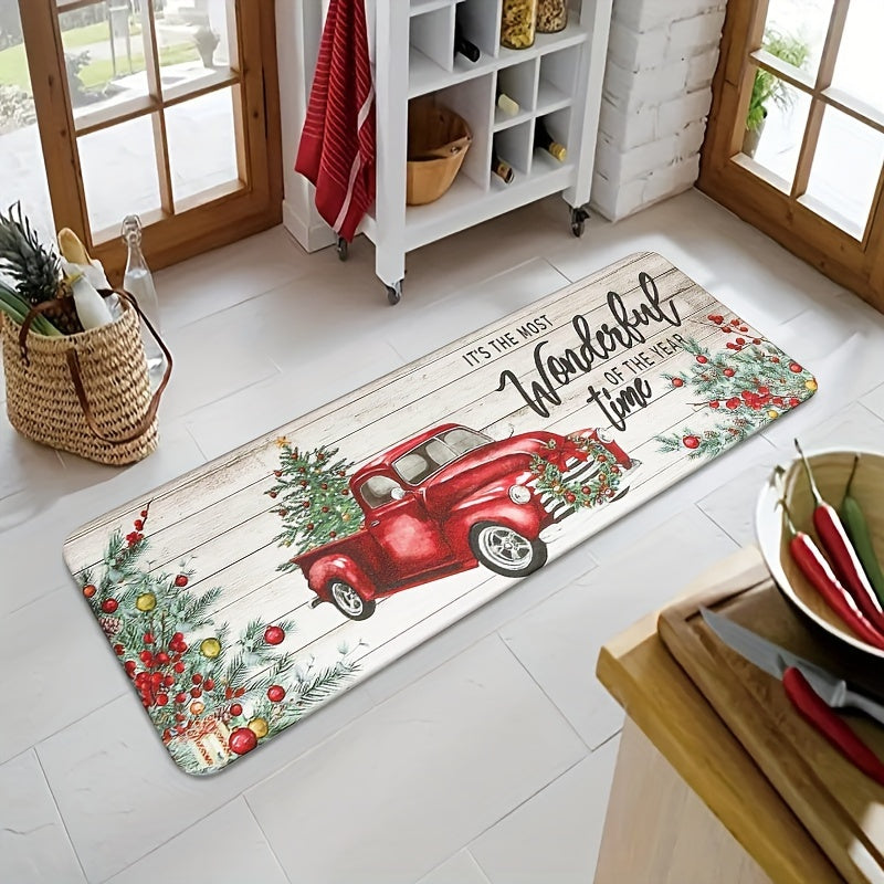 1pc Christmas Car Bathroom Absorbent Floor Mat, Merry Christmas Quick-drying Floor Mat, Christmas Tree Non-slip Floor Mat, Hallway Balcony Polyester Rug, Entrance Door Mat, Christmas Decorative Rug, Washable Home Operated Rug Hallway Laundry Room