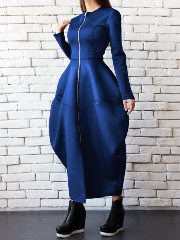 xakxx Split-Joint Zipper Round-Neck Maxi Dress Coat Bubble Dress