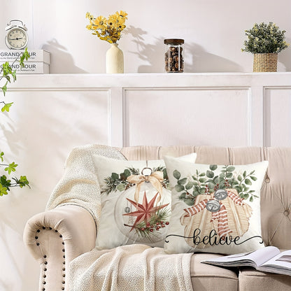 4pcs 18*18Inch Christmas Pillow Covers, Set of 4 Winter Farmhouse Throw Pillowcases for Couch Sofa Living Room Outdoor, Christmas Tree Reindeer Hello Winter Decor Without Pillow Inserts