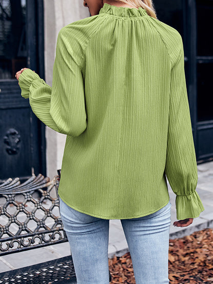 xakxx Long Sleeves Ruffle Sleeves Elasticity Ruffled Solid Color Mock Neck T-Shirts Tops
