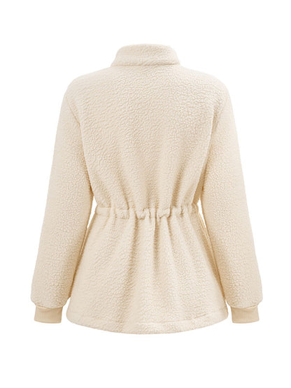xakxx Long Sleeves Loose Drawstring Solid Color Velvet Zipper Stand Collar Outerwear