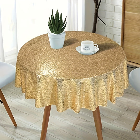 1pc, Luxurious Golden Round Sequin Tablecloth - Dazzling Table Cover for Bridal Shower, Birthday, Wedding, Dessert, Banquet, and Room Decor - Spreads Elegance and Sophistication on Tables