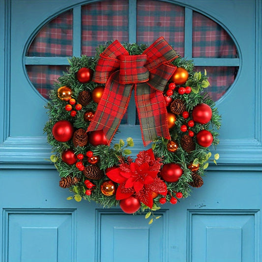 15.8" Vibrant Red Christmas Wreath with Artificial Pine Cones and Elegant Bow - Festive Holiday Door & Window Decoration, Perfect for New Year Celebrations, Indoor and Outdoor Use, Easy to Assemble, Durable and Long-Lasting