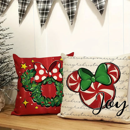 4-Piece Merry Christmas Mouse Decorative Throw Pillow Cases, 18 x 18 inches, Linen Blend, Contemporary Style, Machine Washable, Zipper Closure
