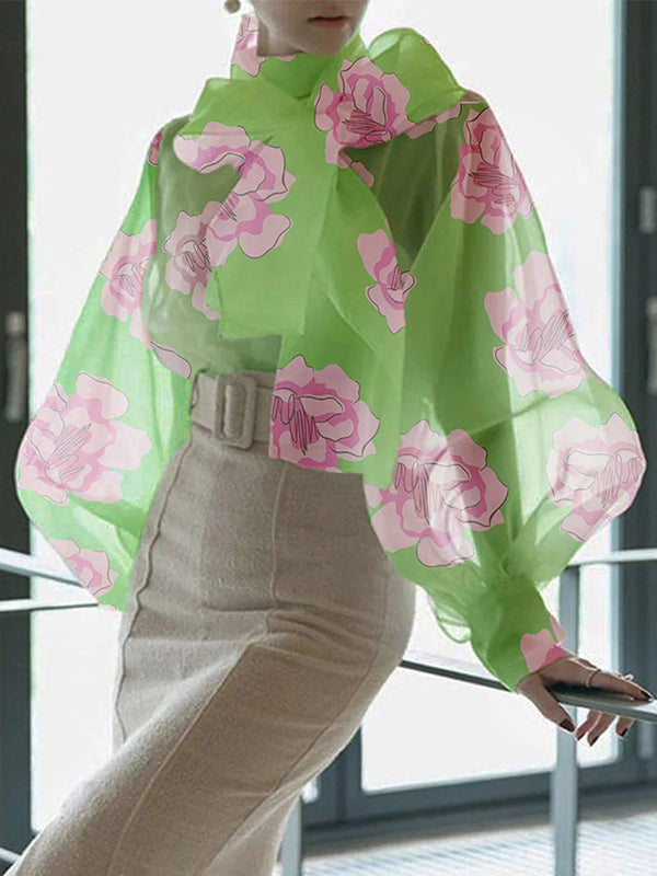 xakxx Loose Puff Sleeves Bow-Embellished Floral Printed See-Through Stand Collar Blouses&Shirts Tops
