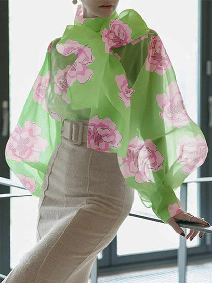 xakxx Loose Puff Sleeves Bow-Embellished Floral Printed See-Through Stand Collar Blouses&Shirts Tops