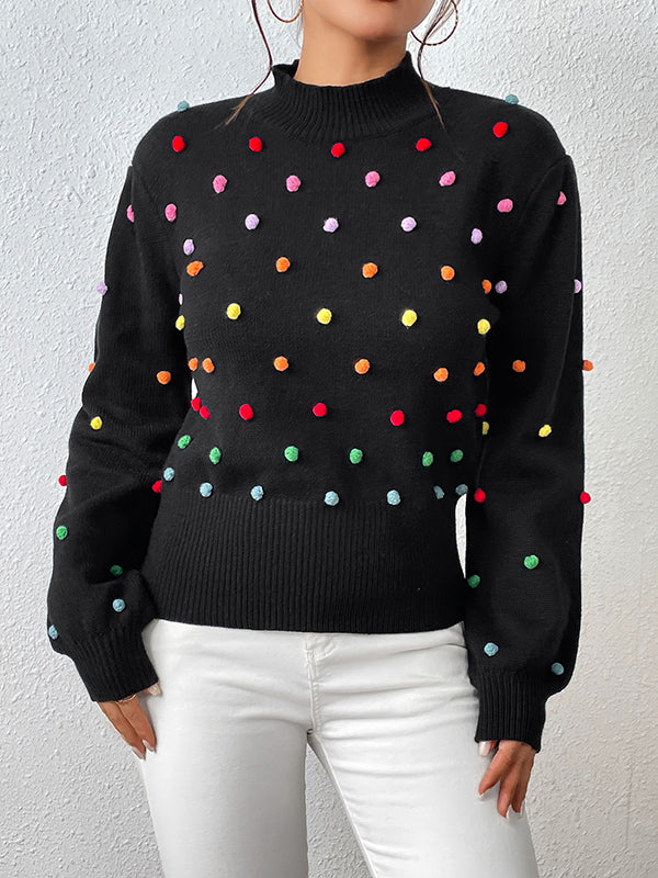 xakxx Long Sleeves Loose Pompom Triming Round-Neck Knitwear Pullovers Sweater Tops