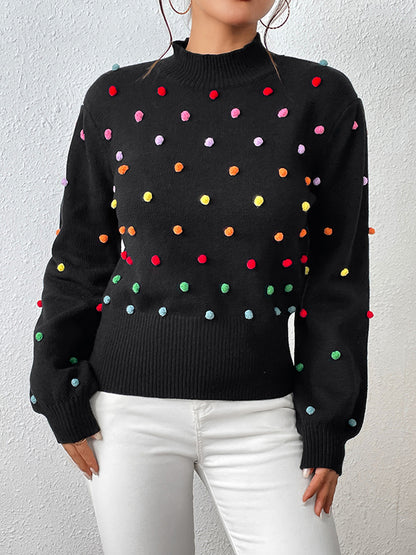 xakxx Long Sleeves Loose Pompom Triming Round-Neck Knitwear Pullovers Sweater Tops