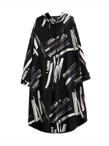 xakxx Long Sleeves Loose Buttoned Hooded Printed Midi Dresses Outerwear