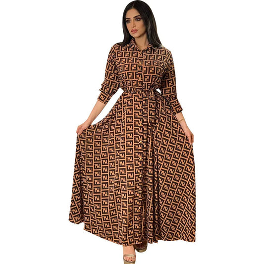 xakxx Loose Short Sleeves Printed Stand Collar Maxi Dresses