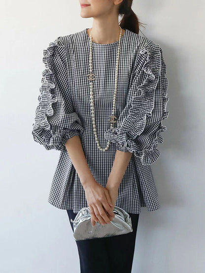 xakxx Trendy Tops Loose Puff Sleeves Plaid Agaric Laces Falbala Round-Neck Blouses