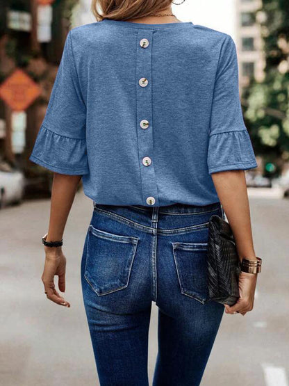xakxx Ruffle Sleeves Asymmetric Buttoned Solid Color Split-Joint Round-Neck T-Shirts Tops