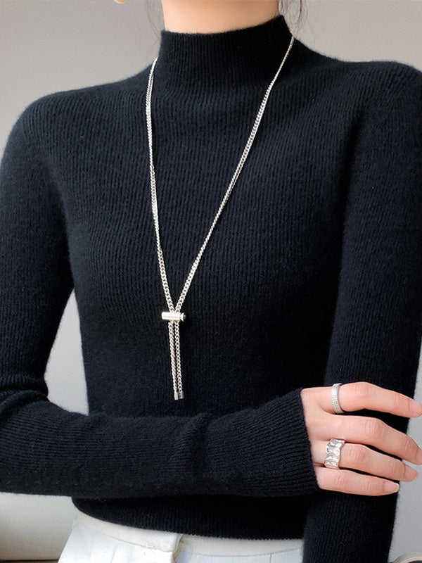 xakxx Casual Skinny Long Sleeves Solid Color Half Turtleneck Sweater Tops