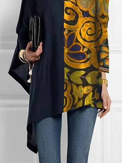xakxx Long Sleeves Loose Asymmetric Contrast Color Printed Mock Neck T-Shirts Tops