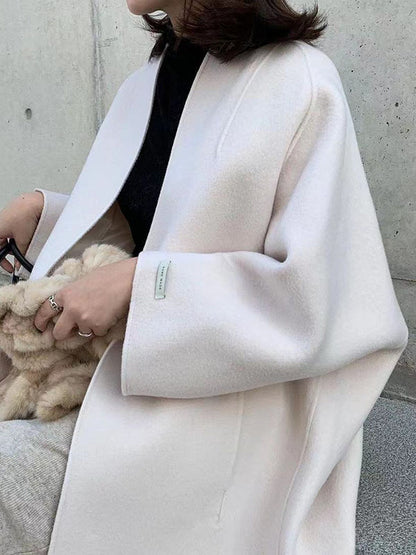 xakxx Long Sleeves Loose Solid Color Collarless Woolen Coat