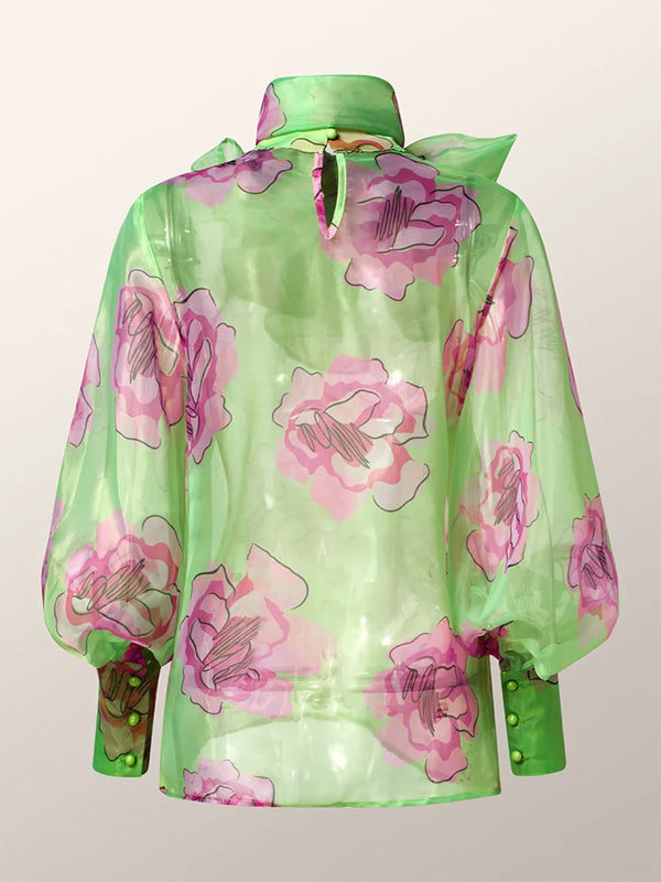 xakxx Loose Puff Sleeves Bow-Embellished Floral Printed See-Through Stand Collar Blouses&Shirts Tops