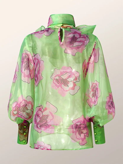 xakxx Loose Puff Sleeves Bow-Embellished Floral Printed See-Through Stand Collar Blouses&Shirts Tops
