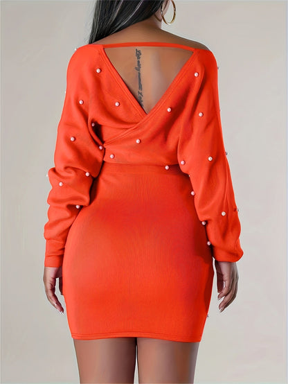 Beaded Bodycon Dress, Casual Long Sleeve Solid Off Shoulder Dress, Women's Clothing