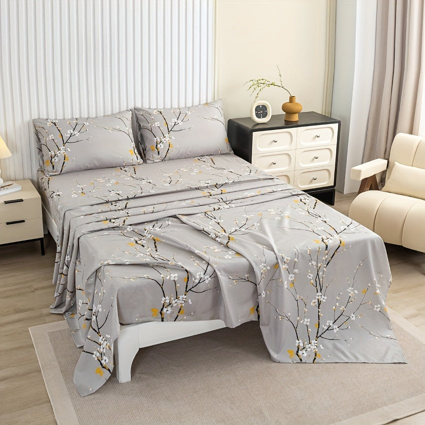 4pcs Luxury Flower Print Fitted Sheet Set - Soft, Hypoallergenic & Breathable Bedding - Wrinkle-Free & Fade-Resistant - Perfect for Bedrooms & Guest Rooms - 1 Flat Sheet, 1 Fitted Sheet, 2 Pillowcases - No Mattress Core
