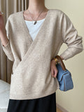 xakxx Long Sleeves Loose Asymmetric Buttoned V-neck Sweater Tops