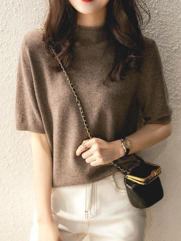 xakxx Simple Solid Color Round-Neck Short Sleeves Sweater