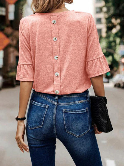 xakxx Ruffle Sleeves Asymmetric Buttoned Solid Color Split-Joint Round-Neck T-Shirts Tops