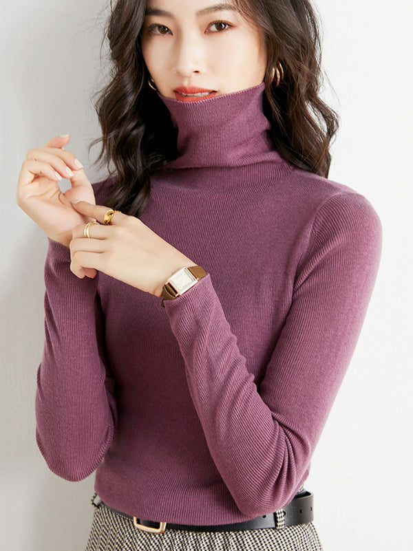 xakxx Simple Skinny Long Sleeves Solid Color High-Neck Sweater Tops Pullovers