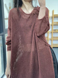 xakxx Long Sleeves Loose Asymmetric Hollow Split-side Round-neck Sweater Tops