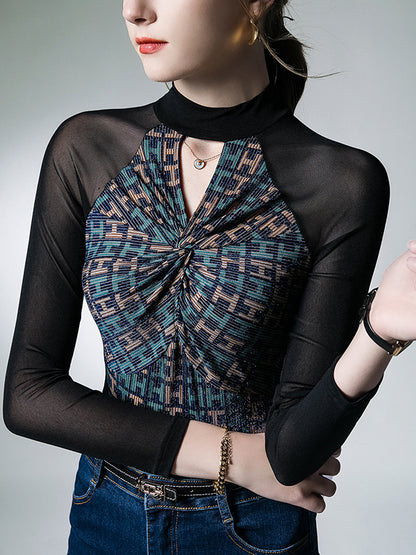xakxx Long Sleeves Skinny Hollow Knot Letter Print Split-Joint Mock Neck T-Shirts Tops