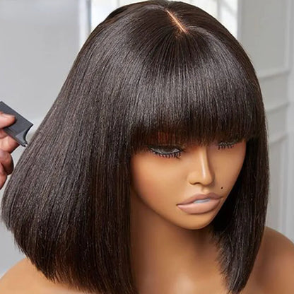 Straight Bob Wig with Bangs Bone Remy Human Hair Wigs for Women Brazilian Hair Straight Full Lace Wigs Bob Fringe Wig