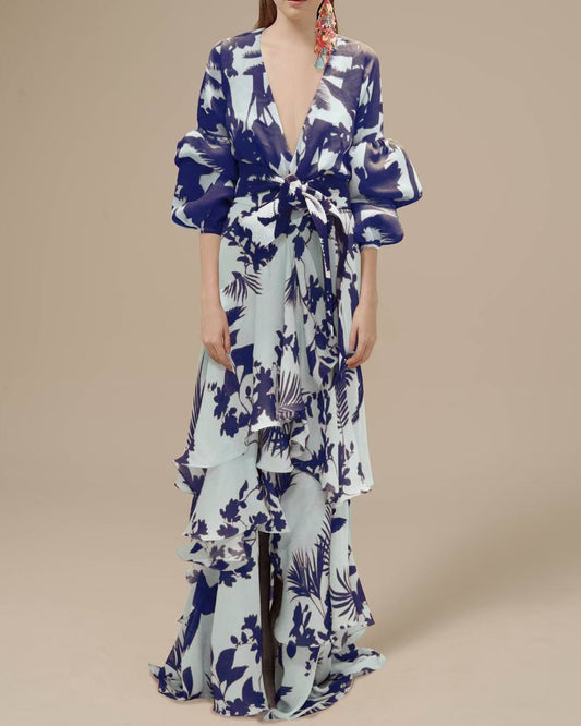 xakxx Stylish Puff Sleeves Long Sleeves Printed Lapel Collar Shirt Maxi Dresses