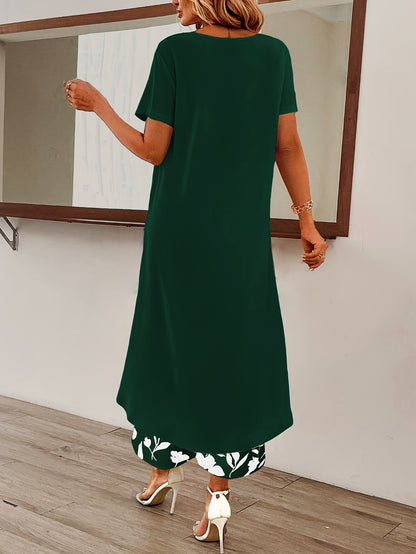 Womens Elegant Pants Set - Stylish Solid Color with Asymmetrical Hem Design, Comfortable Crew Neck Short Sleeve Top, Vibrant Floral Print Pants - Perfect for Spring and Summer Seasons, Complete Outfits for a Stylish Ensemble