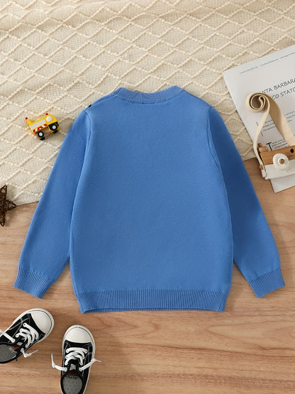 Boys Cartoon Car Pattern Sweater Round Neck Long Sleeve Stretch Warm Knit Pullover Top Kids Clothes Outdoor