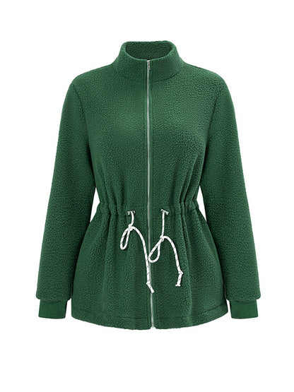 xakxx Long Sleeves Loose Drawstring Solid Color Velvet Zipper Stand Collar Outerwear