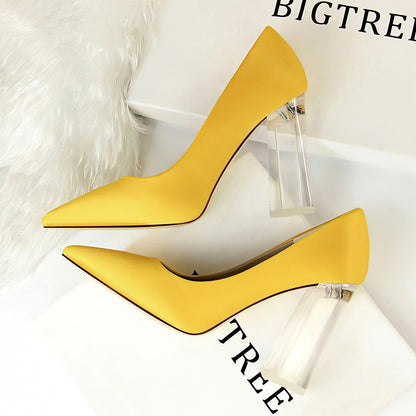 2025 2993-1 Korean version of fashion transparent crystal heel high heel satin light mouth pointed sexy high heels wedding shoes women's single shoes