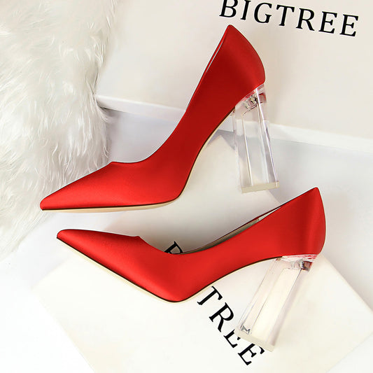 2025 2993-1 Korean version of fashion transparent crystal heel high heel satin light mouth pointed sexy high heels wedding shoes women's single shoes