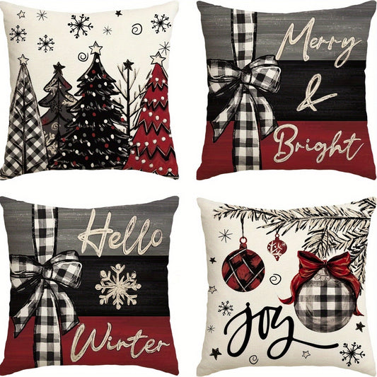 4-Pack Festive Preppy Style Christmas Throw Pillow Covers - 18x18 Inch, Soft Polyester, Machine Washable, Zippered, Woven Striped Designs - Decorative Cushion Cases for Sofa, Living Room, Bedroom, and Various Room Types with Merry & Bright, Joy Holiday, a