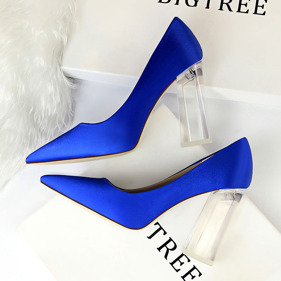 2025 2993-1 Korean version of fashion transparent crystal heel high heel satin light mouth pointed sexy high heels wedding shoes women's single shoes