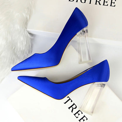 2025 2993-1 Korean version of fashion transparent crystal heel high heel satin light mouth pointed sexy high heels wedding shoes women's single shoes