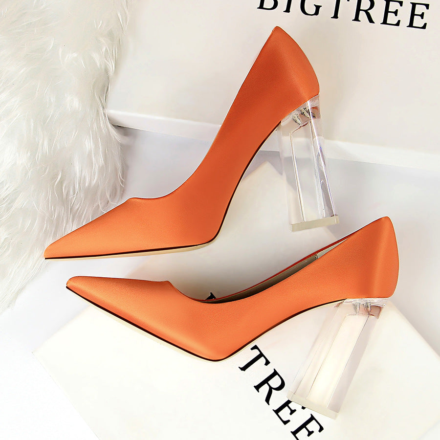 2025 2993-1 Korean version of fashion transparent crystal heel high heel satin light mouth pointed sexy high heels wedding shoes women's single shoes