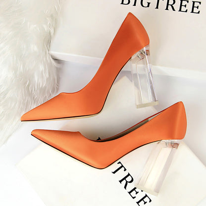 2025 2993-1 Korean version of fashion transparent crystal heel high heel satin light mouth pointed sexy high heels wedding shoes women's single shoes