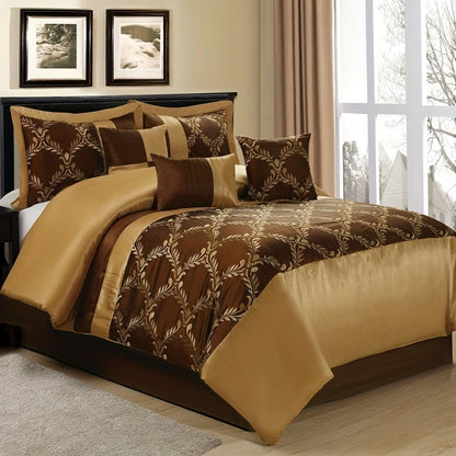 7 Piece Classic Embroidery Comforter Set King/Queen- Chocolate And Gold Faux Silk Fabric Embroideried-1 Comforter, 2 Shams, 3 Decorative Pillows, 1 Bedskirt