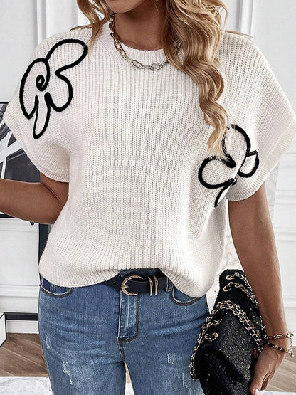 xakxx Loose Short Sleeves Knitted Flower Round-Neck Pullovers Sweater Tops