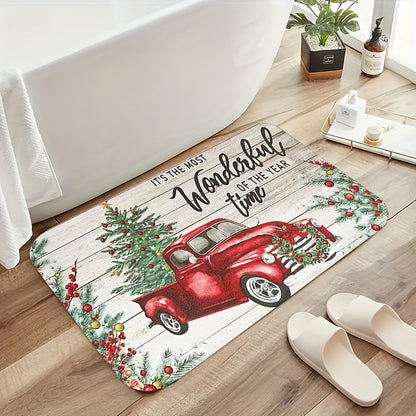 1pc Christmas Car Bathroom Absorbent Floor Mat, Merry Christmas Quick-drying Floor Mat, Christmas Tree Non-slip Floor Mat, Hallway Balcony Polyester Rug, Entrance Door Mat, Christmas Decorative Rug, Washable Home Operated Rug Hallway Laundry Room