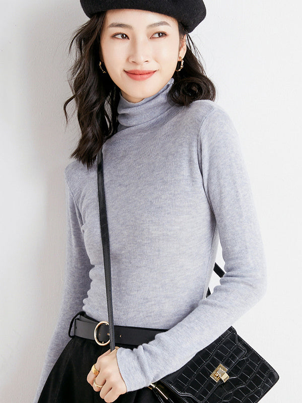 xakxx Simple Skinny Long Sleeves Solid Color High-Neck Sweater Tops Pullovers
